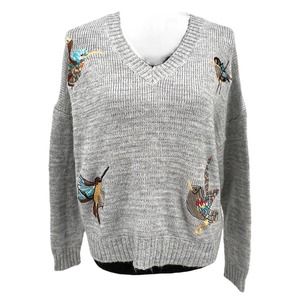 Elia-Cher Grey V Neck Knitted Embroidered Bird Sweater S/M‎